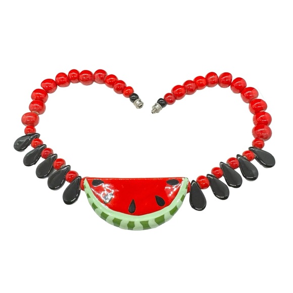 Signed Flying Colors & Book Piece Ceramic Bead & Watermelon Seed Slice Necklace - Picture 3 of 8